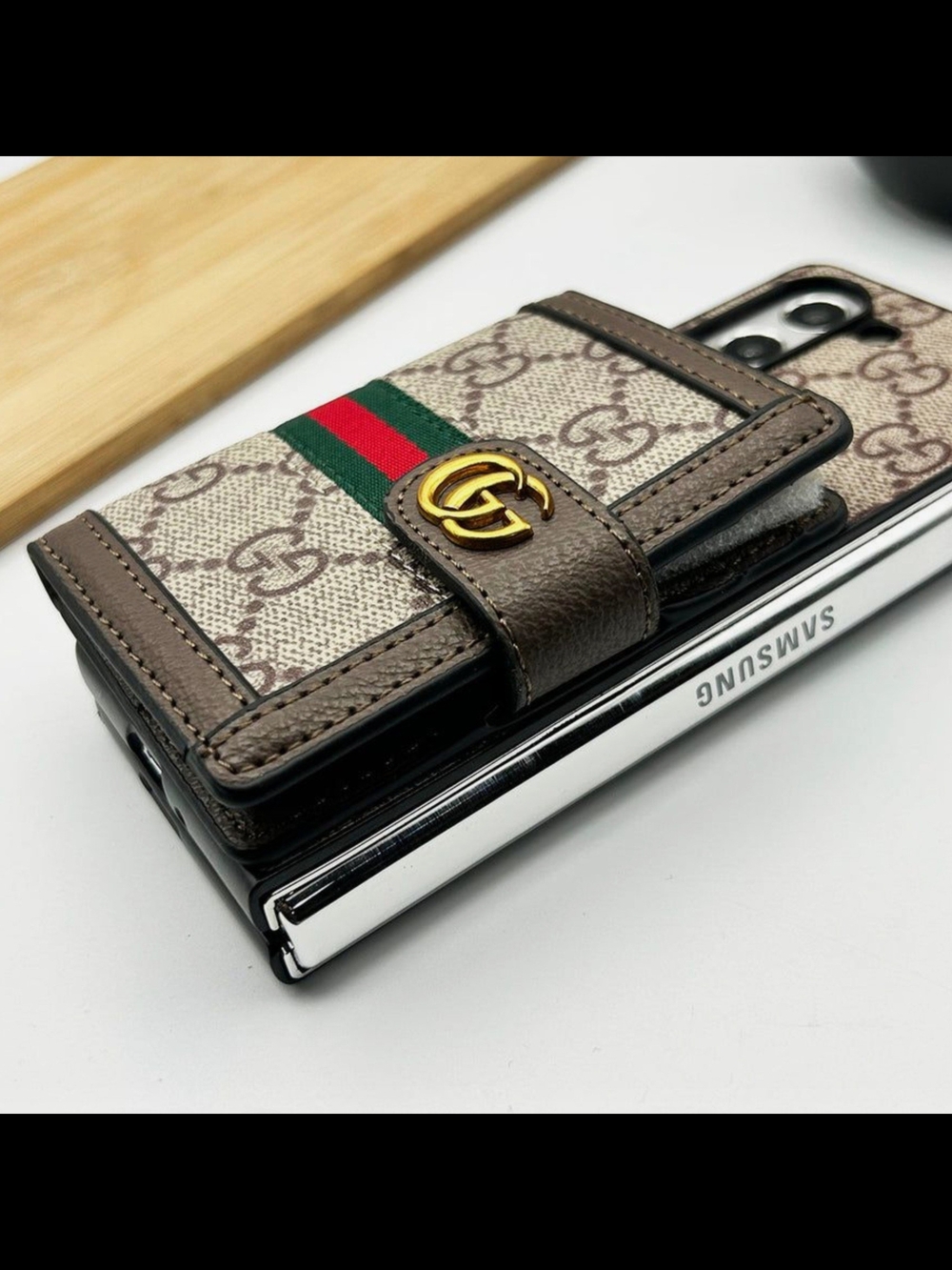 Gucci Brown Monogram Wallet Phone Case with GG and strap for Samsung Zfold 6